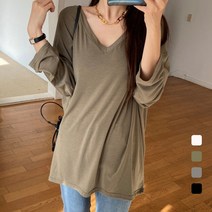 빅걸스토리 빅사이즈 여성 레이온스판 브이넥 찰랑 기모 겨울 티셔츠