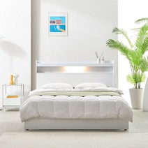 프린홈 루시아 LED 루바 리노 서랍 SS/Q 침대+베이직 본넬 매트, 화이트