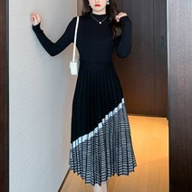 넷투넷코리아 여성 롱 원피스 라운드 플리츠 주름 a라인 골지 니트