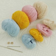 HAGT 아기덧신 손뜨개 태교 뜨개질 DIY 키트 신발뜨기, 실(옐로우)&단추1쌍