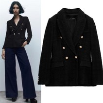 ZARA 여성 블랙 트위드 더블 브레스티드 블레이저 자켓