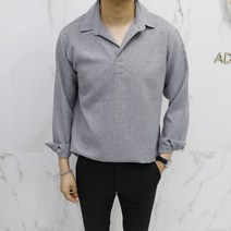 아도르클래식 스트라이프 반오픈 카라 헨리넥 긴팔 셔츠