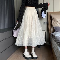 아이엠몽 여성 플리츠 레이스 롱 스커트 페리본