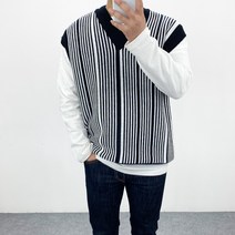 엠클로 남자 오버핏 브이넥 세로줄 단가라 스트라이프 니트 조끼 베스트 3컬러