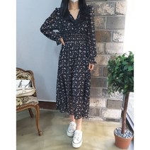 상상그이상 여성용 허리 스모크 밴딩 브이넥 쉬폰 롱원피스 편안한 플라워 포인트 원피스