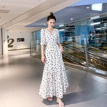 여성 봄 쉬폰 롱 원피스 2021 폴카 도트 스커트 블랙 가 은 얇고 긴