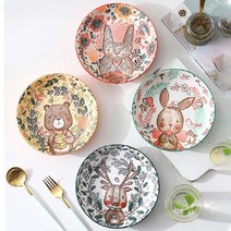 니치유 1P/4P 북유럽 도자기 접시 세트 캐릭터 홈 식기 쟁반, 20cm, 불곰+사슴+토끼+긴귀토끼 4개 세트