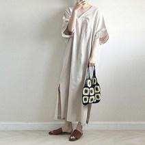 [천삼백케이] [라렌트리] 린넨 브이넥 루즈핏 반팔 데일리 롱 원피스 2color