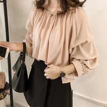르엠마 셔링 주름 소매 포인트 블라우스
