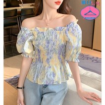 (바니뉴욕)2023신제품 4XL까지 오프숄더 플라워 풀오버블라우스 프릴 셔링 퍼프블라우스