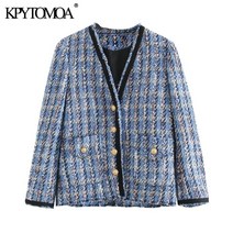트위드 손담비 KPYTOMOA 여성 2020 패션 포켓 닳은 트림 자켓 코트 빈티지 V 넥 긴 소매 여성 겉옷 Chic Tops | Jackets