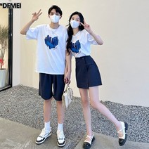 DFMEI 커플 여름 반팔 티셔츠 라운드 루즈핏 반팔 투피스 남녀