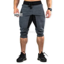 SHENGBO여름 와이드 보디빌딩 팬츠 패치워크 반바지 흡습 땀 7부 팬츠