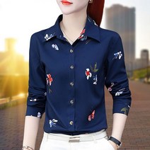 언발블라우스 프린트남방 여성 긴 소매 2023 봄가을 클래식 중년 엄마 실크블라우스 와이셔츠 이너 상의 4997974244