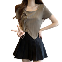 팡팡 여름 스트랩 반팔 티셔츠 탑 드로스트링 슬림핏