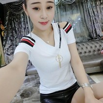 여성 티셔츠 반팔 오프숄더 브이넥 슬림티