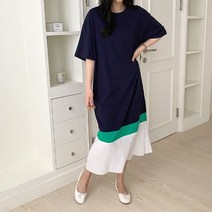 쉬이즈홈 22SS 빅사이즈 배색 주름 롱원피스(2Color)(55~88)