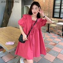 JUST FEEL!NG 여성 초록색 체크 무늬 피터팬 칼라 퍼프 반팔 여름 원피스 루즈핏 단추 소풍 여행 원피스