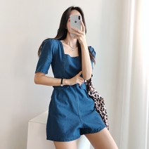 핏보정 스퀘어 퍼프 데님 숏 점프수트(pt748)