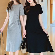 편안한 외출 여행룩 여자 허리셔링 면 반팔 롱원피스