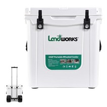 Landworks 바퀴 달린 아이스 쿨러 로토몰드 42QT 최대 10일 얼음 유지 상업용 등급 식품 안전 드라이 아이스 호환 UV 보호 15mm 개스킷 병따개 텔레스코픽 핸들