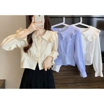 큐티 페미닌 프릴카라넥 소매밴딩 크롭 블라우스