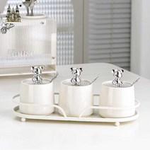 유리 스텐 슬림 양념통 메탈 오일병 조미료통 세트, 곰돌이 세트 3양념통 [밀크 화이트] 라벨 증정