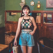 니트 뷔스티에 크로쉐 5 색 교수형 목 민족 스타일 꼰 짧은 휴가 작은 서스펜더 탑