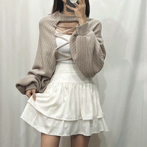 [MD추천!] 레디 로프 스트랩 아일렛 반하이넥 골지 벌룬 긴팔 크롭 니트 볼레로 (4 color)