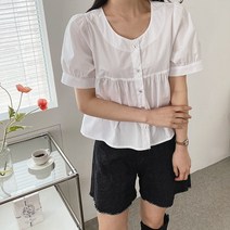 수키 라운드 퍼프소매 가슴샤링 프릴블라우스 1101376