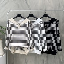 단추 포인트 지그재그 세라 카라 스트라이프 니트