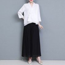 여자 면 마 블라우스 자수 면 린넨 v넥 7부 블라우스 하늘비즈 C10 B653A284