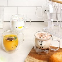 트래블앤쿡 애니멀 캐릭터 내열 이중유리 머그컵 4종 홈카페 우유컵 라떼컵, Smile Cat