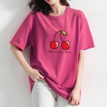 스타일아유 앵두 프린팅 면100% 오버핏 여성용 롱티 자체제작 반팔티 빅사이즈 반팔 티셔츠[AYG6TS424A]