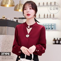 도오빠 여자블라우스 셔츠 초커 목걸이 쉬폰 큐빅 브로치 OL 브이넥 루즈핏 긴팔 긴소매 오피스룩 커리우먼 데이트룩 데일리룩 봄 여름 가을 직장인 대학생 캐주얼 패션 코디 여성 블라우스