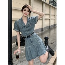 실제 샷 실제 가격 ~ 정장 칼라 데님 주름 드레스 여성 프랑스 스타일 작은 향기로운 스타일 허리 슬림 짧은 소매 스커트