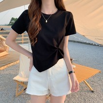 1+1 불규칙한 반소매 티셔츠 여성용 새 여름 반소매 하이 허리 짧은 재킷