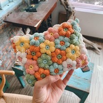 귀도리뜨기 대바늘블랭킷 담요방석 니트실 코바늘미국 목회 스타일 퍼프 꽃 가방 쿠션 가방, 완성 된 시트 쿠션은 주문 제작됩니다.