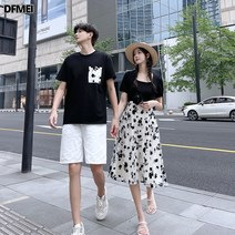 DFMEI 커플 원피스에 여름 배색 여 반팔 롱 원피스 캐주얼 남 티셔츠