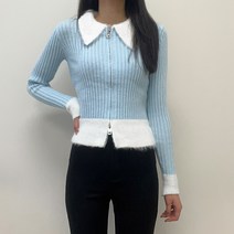 VANANA2 여성 세로 골지 니트 심플 세미크롭 슬림핏 여리여리 러블리 페미닌 데일리룩 배색 앙고라 레이어드 긴팔 집업 티셔츠 2color