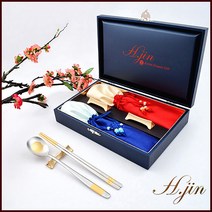 H.jin 전통쌍학 금수저세트 골드 (부부 숟가락 젓가락 받침) 명절 추석 설날 어버이날 부모님 생신 환갑 칠순 팔순선물 단체기념품 외국인 바이어답례품, 1세트