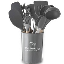 Rosearia 실리콘 나무 손잡이 조리도구 12종 세트, 그레이