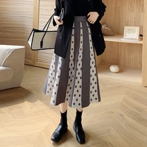 다이뻐 리틀깽스 빅사이즈 가을겨울 퀄리티 하객스타일 배색 땡땡이 웨이브 a라인 프릴 도트 니트 롱스커트