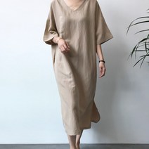 리즈와이 린넨 브이넥 루즈핏 롱원피스 반팔 옆트임 빅사이즈 (3color)