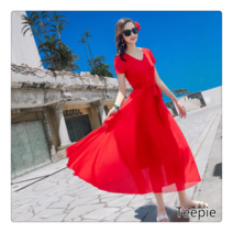 티피여자 여름 스타일 패션 브이넥 허리끈 롱 반팔 쉬폰 원피스