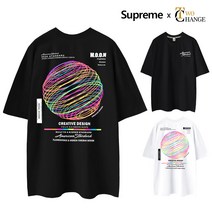 슈프림 정품 5부 오버핏 네온써클 빅사이즈 M~5XL 남자 여자 라운드 남녀공용 반팔 티셔츠