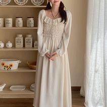 스퀘어넥 레이스업 스모크 퍼프 슬리브 롱원피스 AG117674