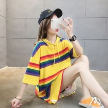 [이꾸띠] 암네지이리 여성 라운드 스트라이프 후드 2컬러 반팔 티셔츠