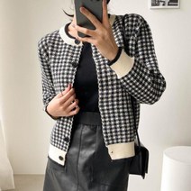 [옷자락] 여자 레트로 시보리 배색 하운드 체크 정장 가디건