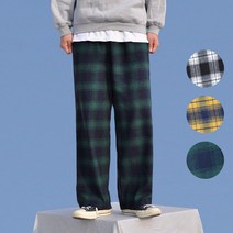 (M~L) 1+1 남녀공용 두툼한 기모 타탄 체크 밴딩 바지 4컬러 체크 무늬 편한 고무줄 일자 커플 홈웨어 잠옷 일자 와이드 스퀘어